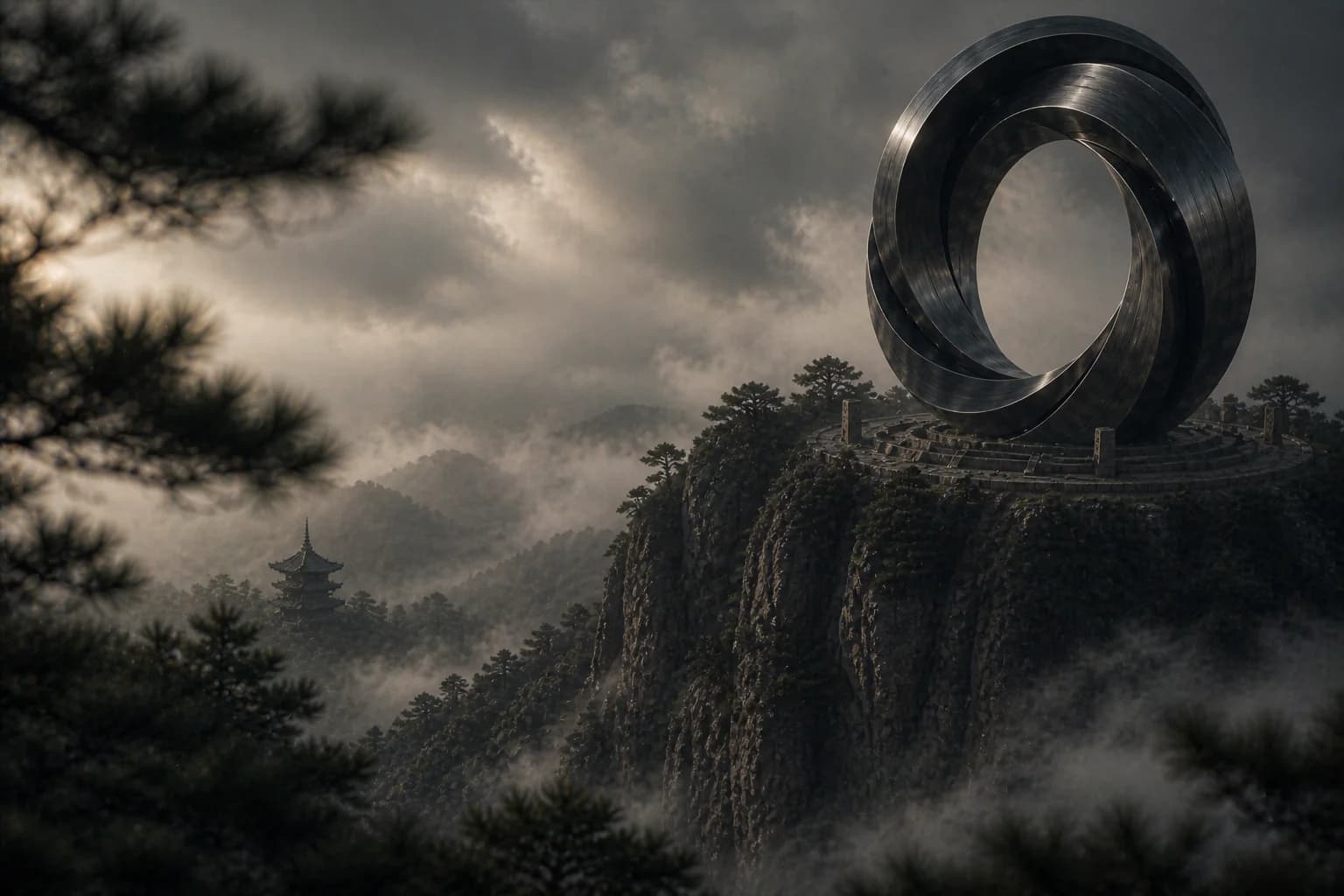 Onyx artifact in motion above a coastal city at first light