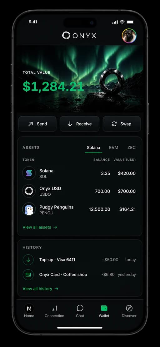 Onyx payments account screen